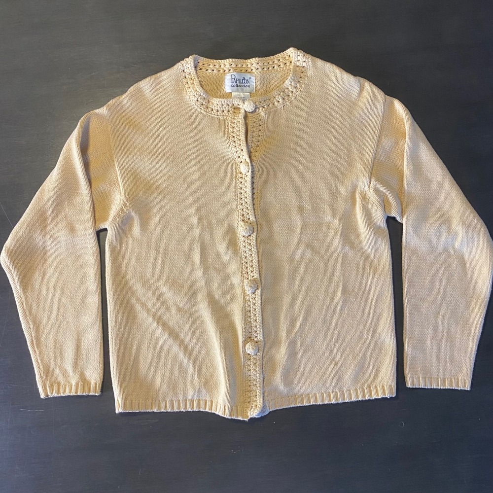 Vintage Papillon Collection Women Cream Cotton Crochet Trim Button Cardigan M